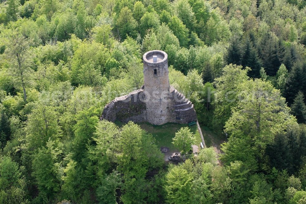 Wehr from the bird's eye view: Burg Baerenfels on the slopes of the Hotzenwald on the mount Steinegg in Wehr in Baden-Wuerttemberg. The ruins of the hilltop castle now serve as an observation tower overlooking Wehratal and Hochrhein