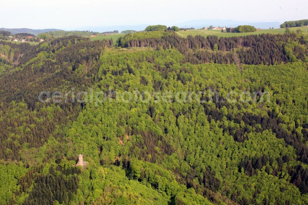 Aerial image Wehr - Castle Baerenfels on the slopes of the Hotzenwald on the mount Steinegg in Wehr in Baden-Wuerttemberg. The ruins of the hilltop castle now serve as an observation tower overlooking Wehratal and Hochrhein