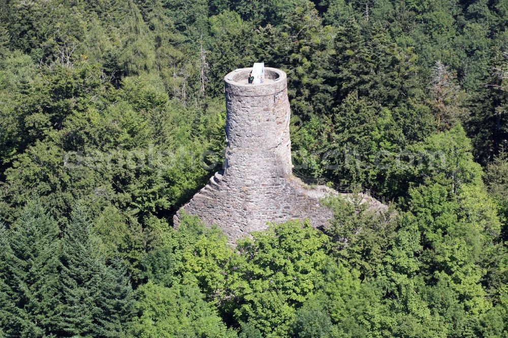 Wehr from above - Burg Baerenfels on the slopes of the Hotzenwald on the mount Steinegg in Wehr in Baden-Wuerttemberg. The ruins of the hilltop castle now serve as an observation tower overlooking Wehratal and Hochrhein