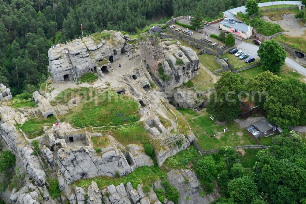 Blankenburg from the bird's eye view: Rain ruins of the castle in a rock-hewn stone dungeon at Blankenburg in Saxony-Anhalt