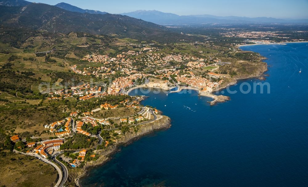 Collioure from the bird's eye view: Ruined castle Chateau Royal de Collioure on the Mediterranean coast of Languedoc-Roussillon in France