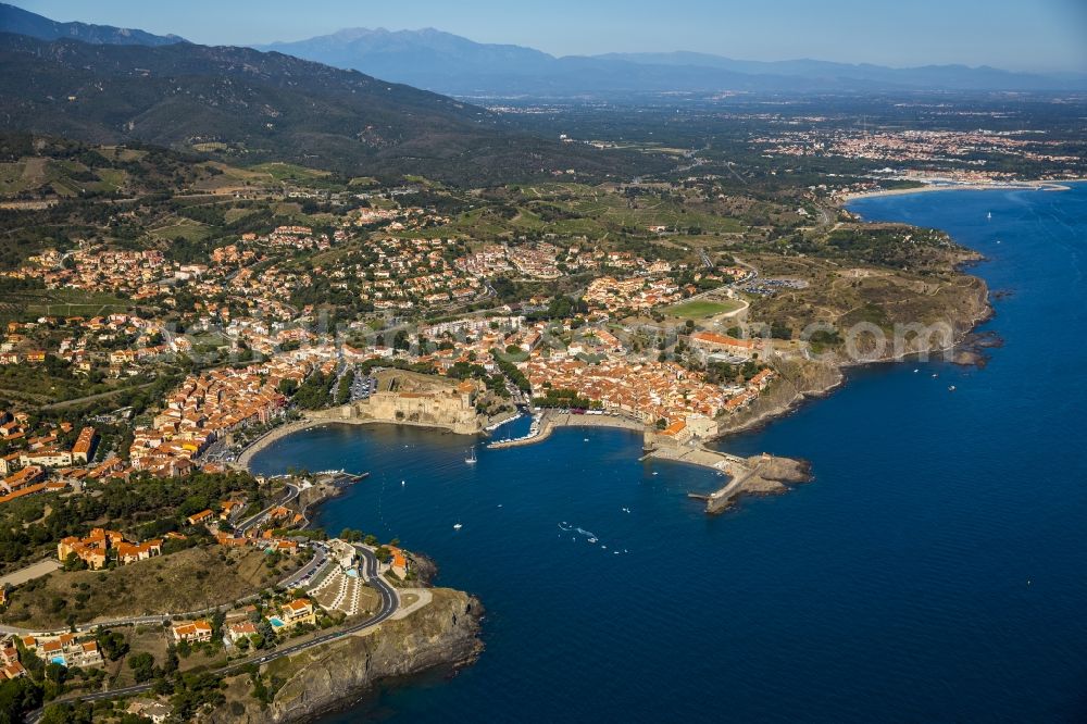 Aerial image Collioure - Ruined castle Chateau Royal de Collioure on the Mediterranean coast of Languedoc-Roussillon in France