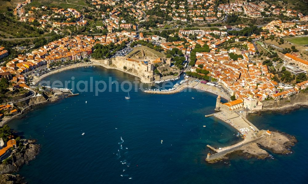 Aerial photograph Collioure - Ruined castle Chateau Royal de Collioure on the Mediterranean coast of Languedoc-Roussillon in France