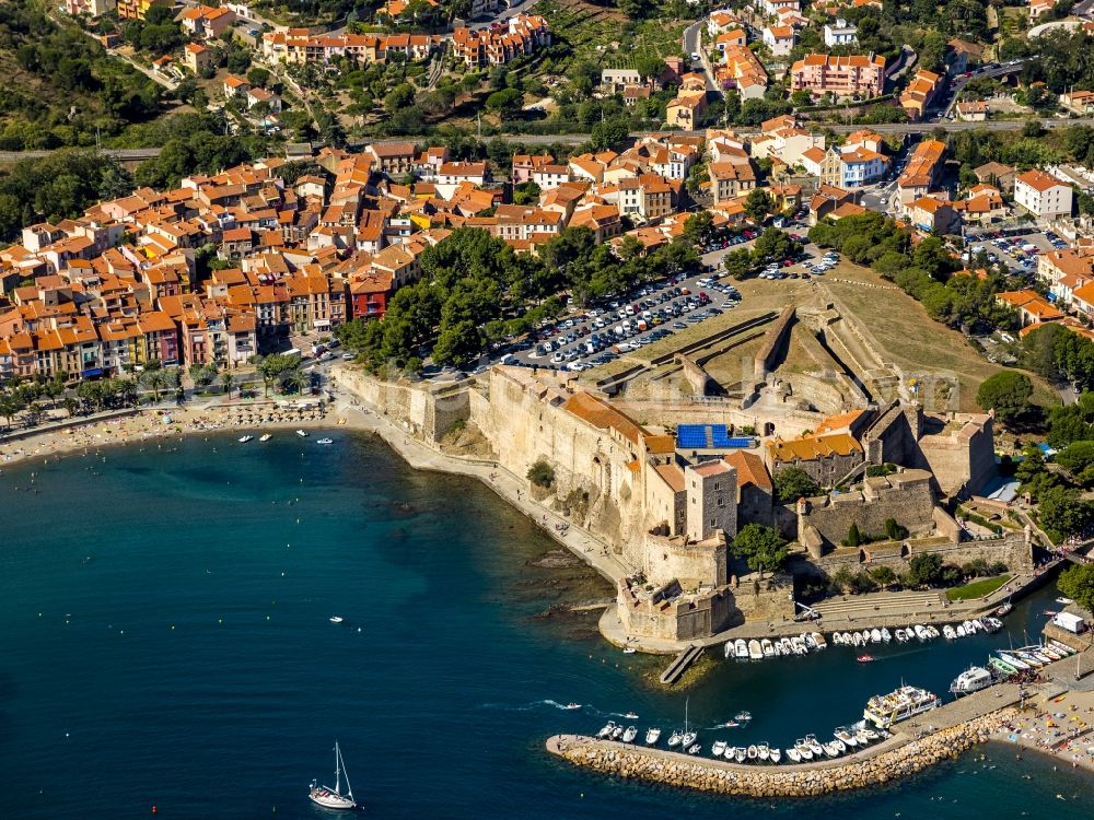 Collioure from above - Ruined castle Chateau Royal de Collioure on the Mediterranean coast of Languedoc-Roussillon in France