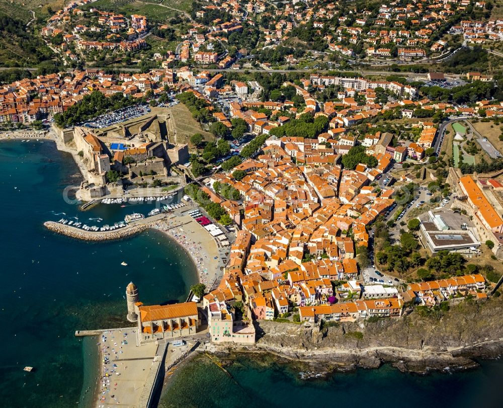 Collioure from the bird's eye view: Ruined castle Chateau Royal de Collioure on the Mediterranean coast of Languedoc-Roussillon in France