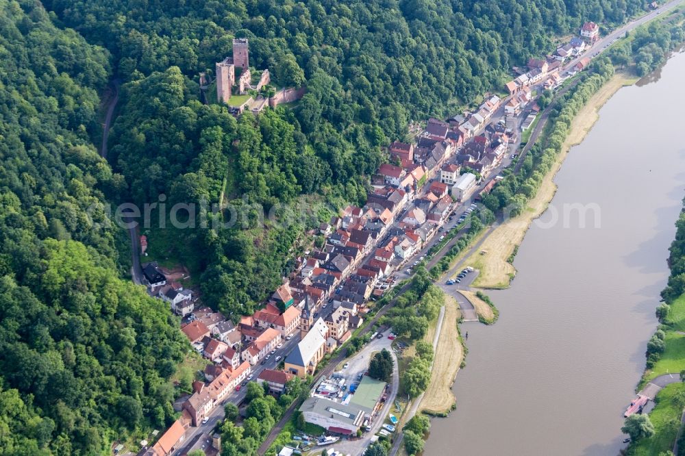 Stadtprozelten from above - Fortress Henneburg over the Village on the river bank areas of the Main river in Stadtprozelten in the state Bavaria, Germany