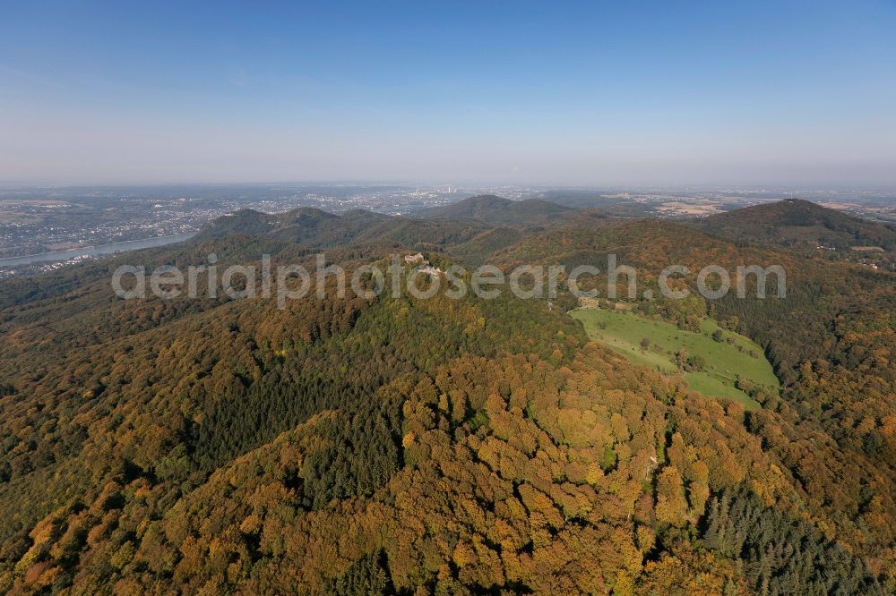 Aerial image Bad Honnef - Castle ruins at the Lion Hotel Hof forest in autumn Seven Mountains near Bad Honnef in North Rhine-Westphalia