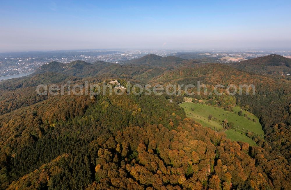 Bad Honnef from the bird's eye view: Castle ruins at the Lion Hotel Hof forest in autumn Seven Mountains near Bad Honnef in North Rhine-Westphalia