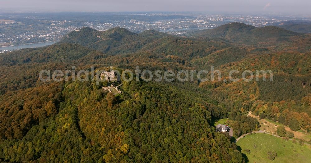 Aerial image Bad Honnef - Castle ruins at the Lion Hotel Hof forest in autumn Seven Mountains near Bad Honnef in North Rhine-Westphalia