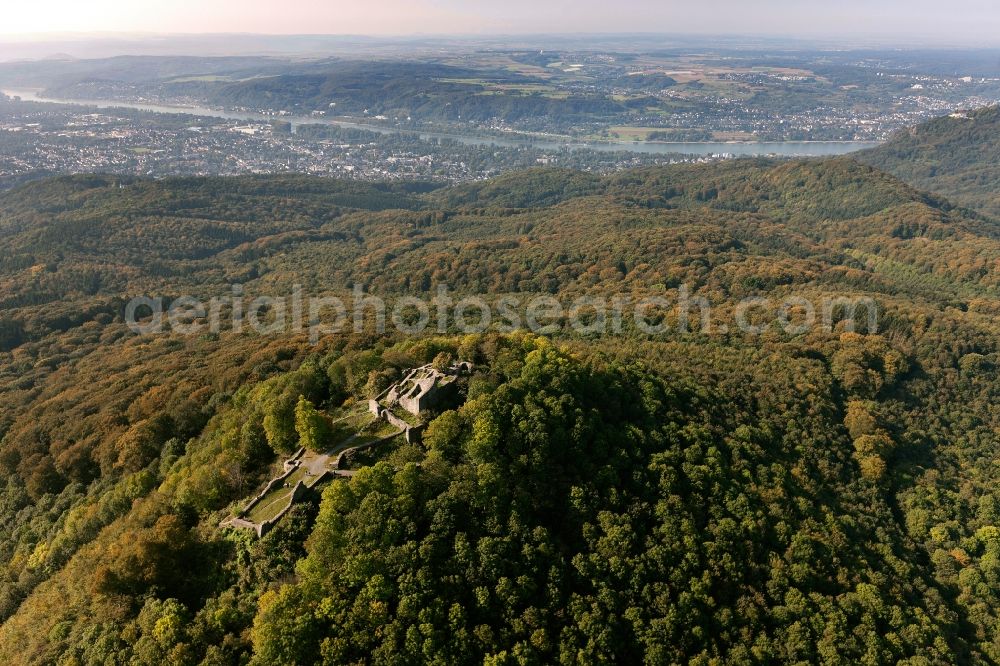 Aerial photograph Bad Honnef - Castle ruins at the Lion Hotel Hof forest in autumn Seven Mountains near Bad Honnef in North Rhine-Westphalia