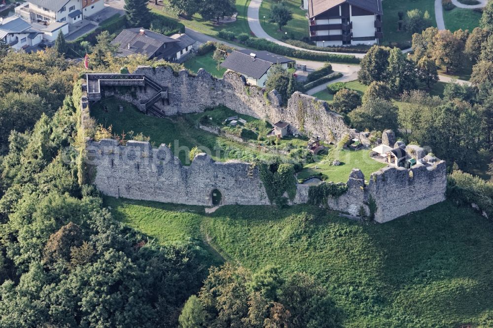 Großgmain from above - Ruins and vestiges of the former castle and fortress Plainburg in Salzburg, Austria