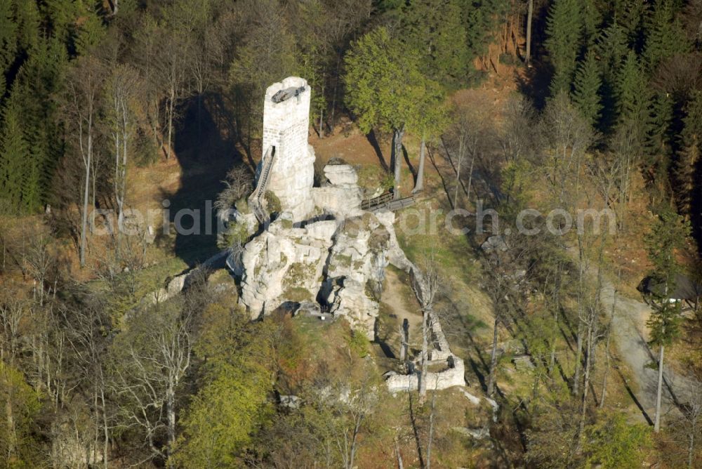 Waldershof from above - Ruins and vestiges of the former castle and fortress Burgruine Weissenstein in Steinwald (Oberpfalz) in Waldershof in the state Bavaria, Germany