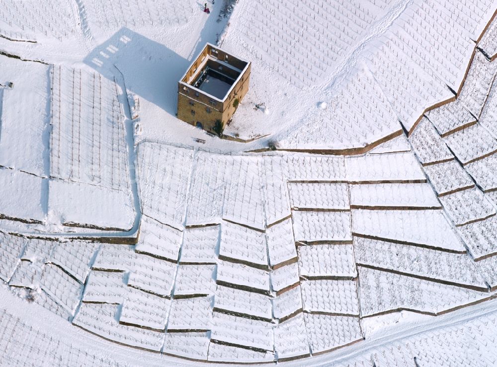 Kernen from the bird's eye view: Wintry snowy Yburg ruins at Kernen im Remstal in Rems-Murr in Baden-Württemberg