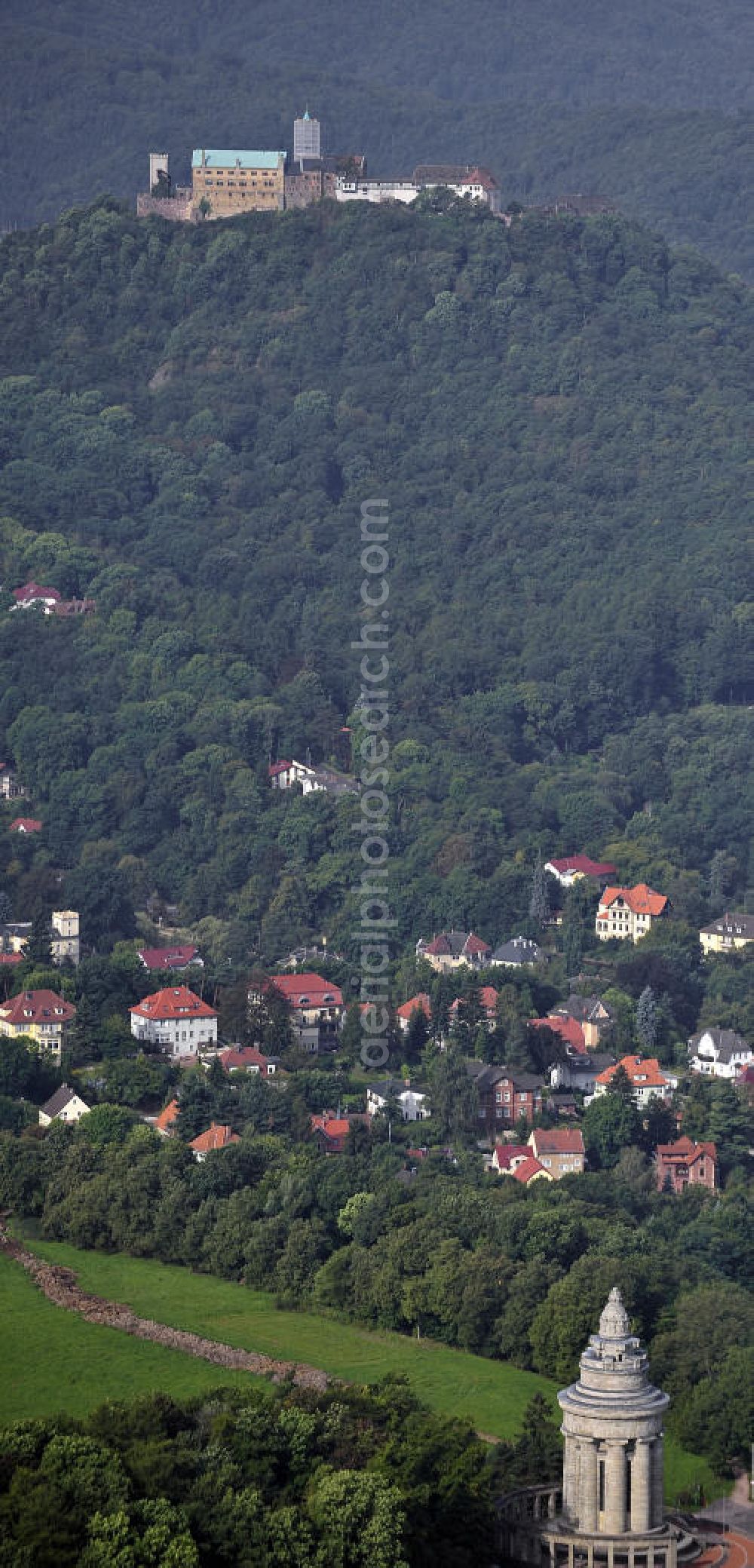 Aerial image Eisenach - Blick vom Burschenschaftsdenkmal auf der Göpelskuppe zur Wartburg-Stiftung Eisenach, einem Weltkulturerbe der Unesco. View from the Monument of the Fraternity to Wartburg-Stiftung Eisenach Castle, a World Heritage Site.