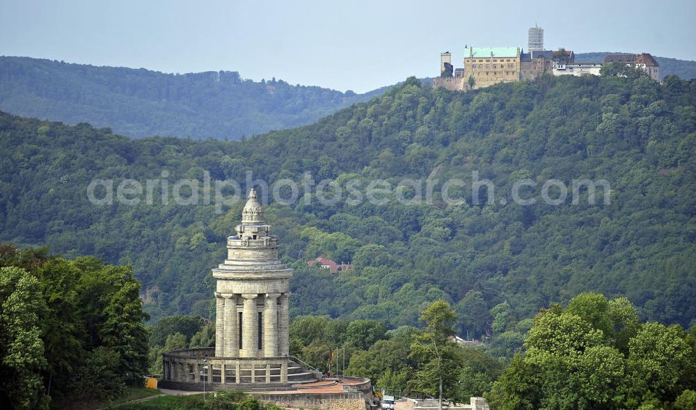 Aerial image Eisenach - Blick vom Burschenschaftsdenkmal auf der Göpelskuppe zur Wartburg-Stiftung Eisenach, einem Weltkulturerbe der Unesco. View from the Monument of the Fraternity to Wartburg-Stiftung Eisenach Castle, a World Heritage Site.