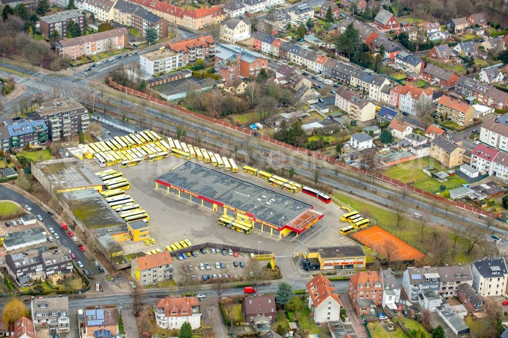 Herne from the bird's eye view: Coach depot of the coach enterprise of the Anton Graf GmbH travelling and forwarding agency in the district of Wanne-Eickel in Herne in the federal state North Rhine-Westphalia