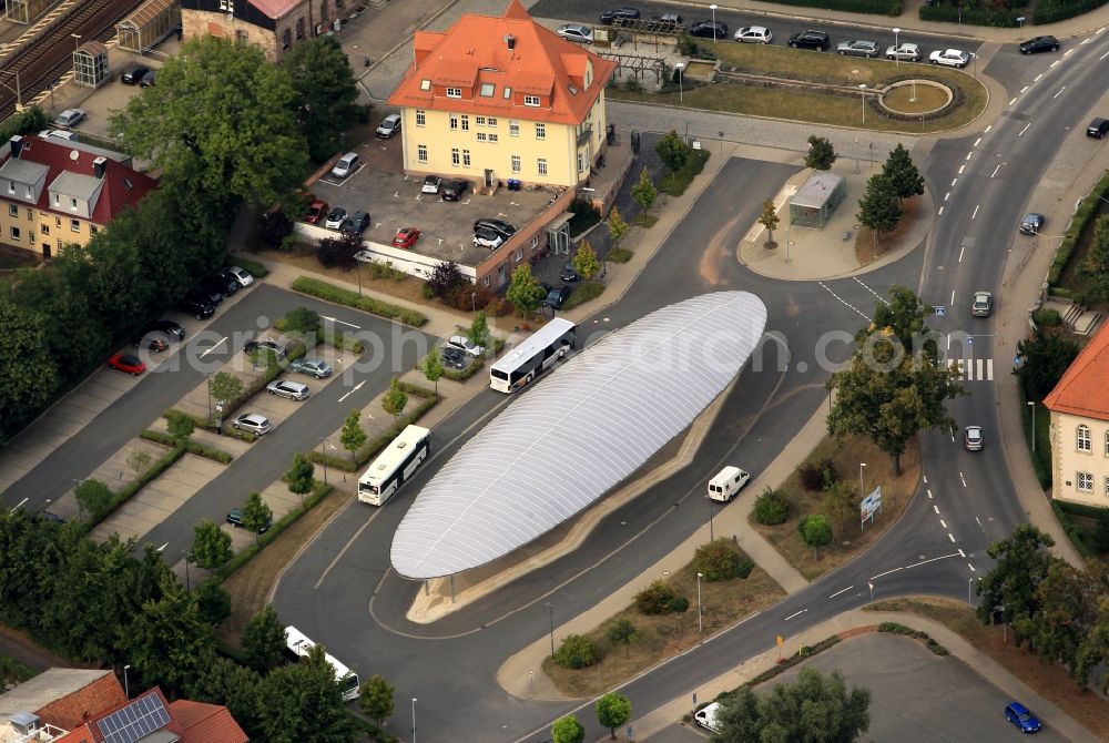 Aerial image Heilbad Heiligenstadt - The bus station in the street Bahnhofstrasse in Heilbad Heiligenstadt in Thuringia