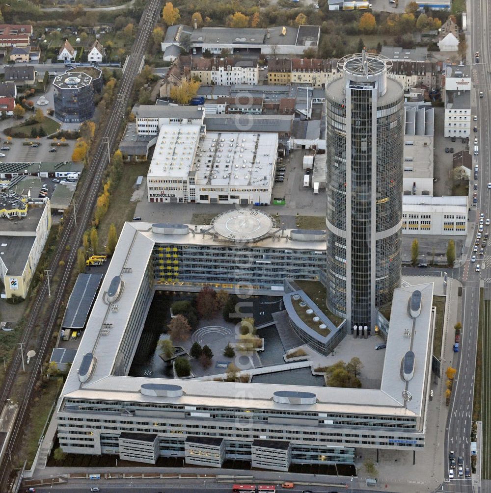 Aerial image Nürnberg - Das Gelände des Business-Towers der Nürnberger Versicherungsgruppe. Der Turm wurde im Jahr 2000 fertiggestellt und besitzt eine Höhe von 135 m. The area of the business tower of the Nuremberg Insurance Group.