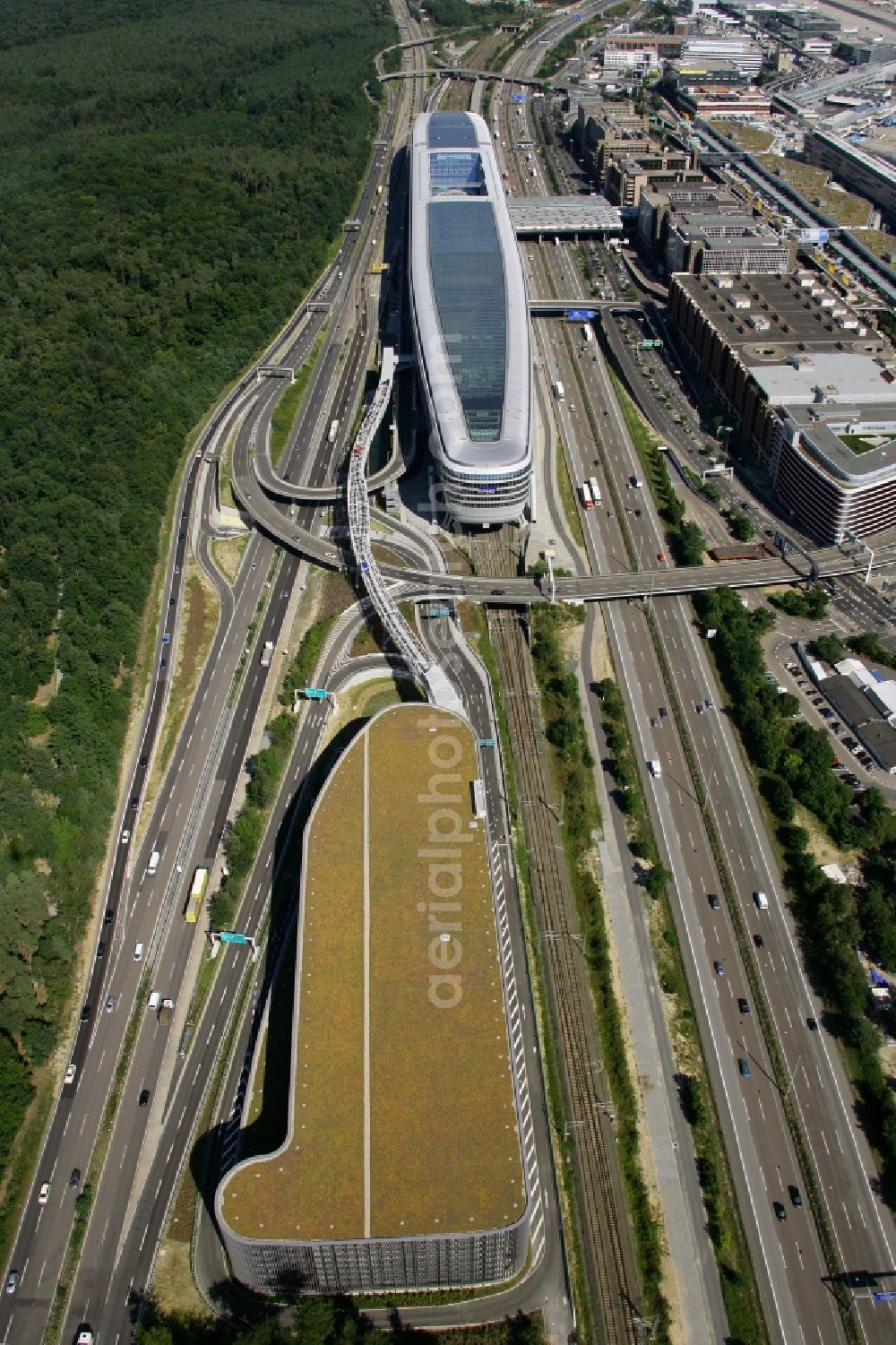 Frankfurt am Main from above - View of the Business Center The Squair, formerly known as Airrail Center Frankfurt. The main investor for the futuristic project is the IVG Immobilien AG