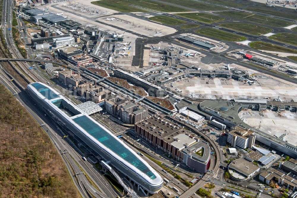 Frankfurt am Main from the bird's eye view: View of the Business Center The Squair, formerly known as Airrail Center Frankfurt. The main investor for the futuristic project is the IVG Immobilien AG