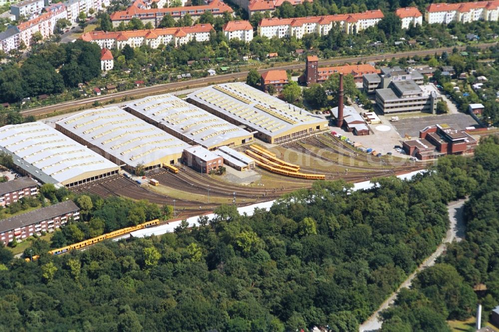 Berlin from the bird's eye view: In the halls of the BVG U-Bahn operating Workshop Grunewald in Berlin-Charlottenburg - Bw Gru - the small-gauge trains of the subway Line 2 to wait for over a hundred years