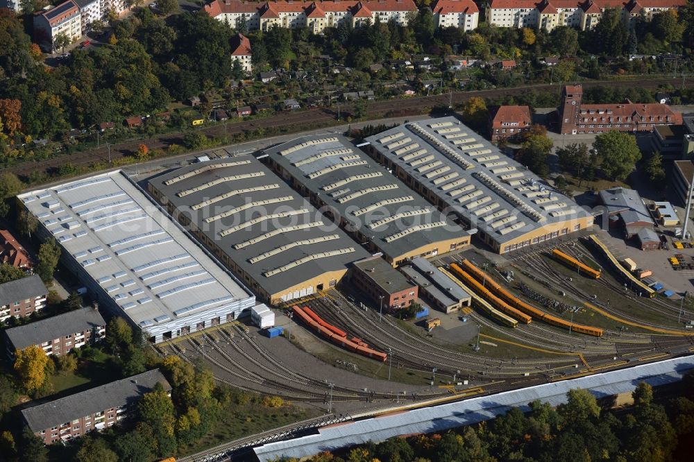 Aerial photograph Berlin - In the halls Depots of the BVG U-Bahn operating Workshop Grunewald in Berlin-Charlottenburg