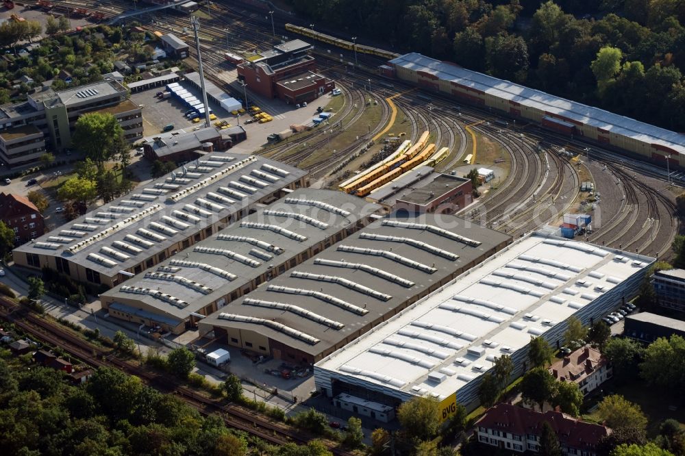 Aerial photograph Berlin - In the halls Depots of the BVG U-Bahn operating Workshop Grunewald in Berlin-Charlottenburg