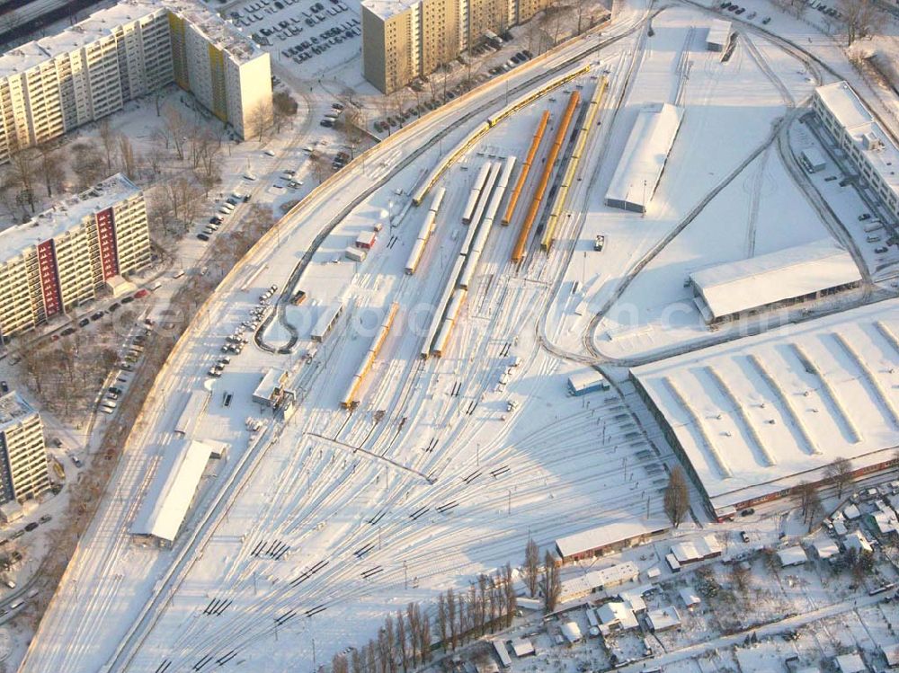 Aerial photograph Berlin - Lichtenberg - /Berlin; Der verschneite BVG U-Bahndepot in Friedrichsfelde.