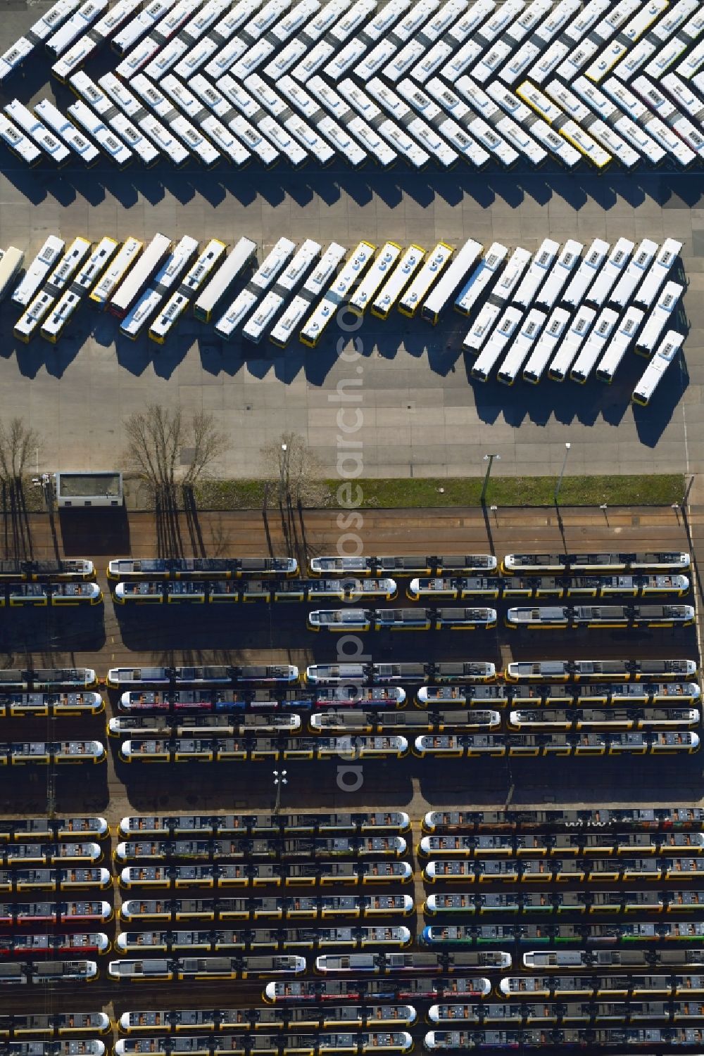 Berlin from the bird's eye view: BVG bus and train station in the district Lichtenberg in Berlin