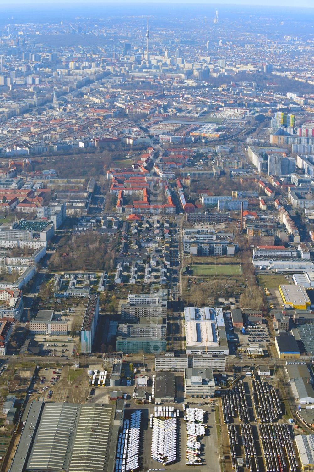 Aerial photograph Berlin - BVG bus and train station in the district Lichtenberg in Berlin