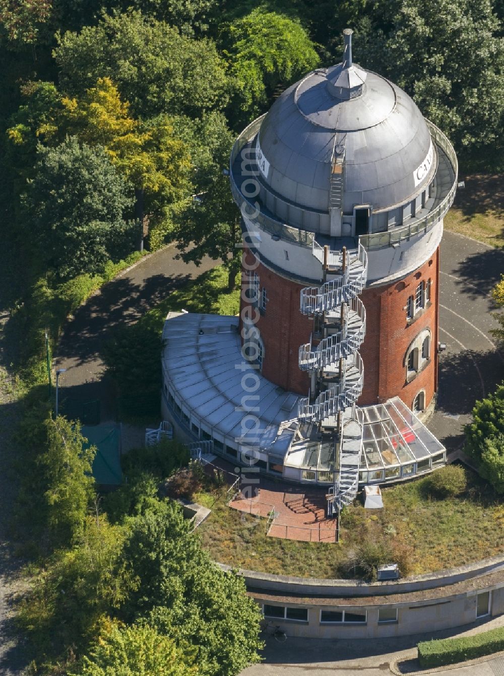 Mülheim an der Ruhr from the bird's eye view: Camera Obscura, former water tower on the former state garden show grounds MüGa in Mülheim an der Ruhr in North Rhine-Westphalia