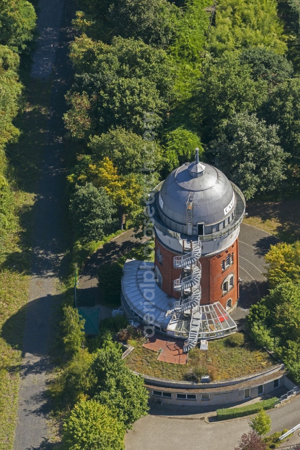 Aerial image Mülheim an der Ruhr - Camera Obscura, former water tower on the former state garden show grounds MüGa in Mülheim an der Ruhr in North Rhine-Westphalia