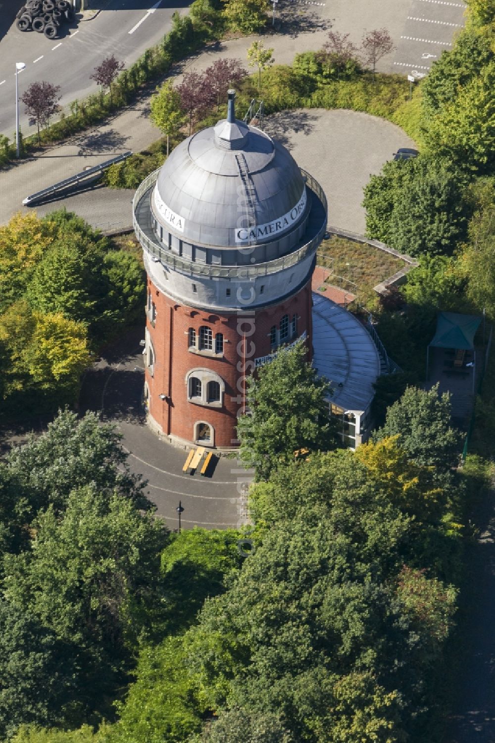 Aerial photograph Mülheim an der Ruhr - Camera Obscura, former water tower on the former state garden show grounds MüGa in Mülheim an der Ruhr in North Rhine-Westphalia