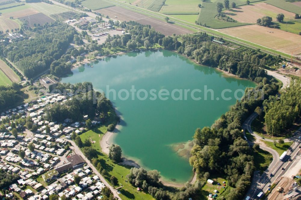 Achern from above - Beach areas and csmping site on the Achernsee in Achern in the state Baden-Wuerttemberg