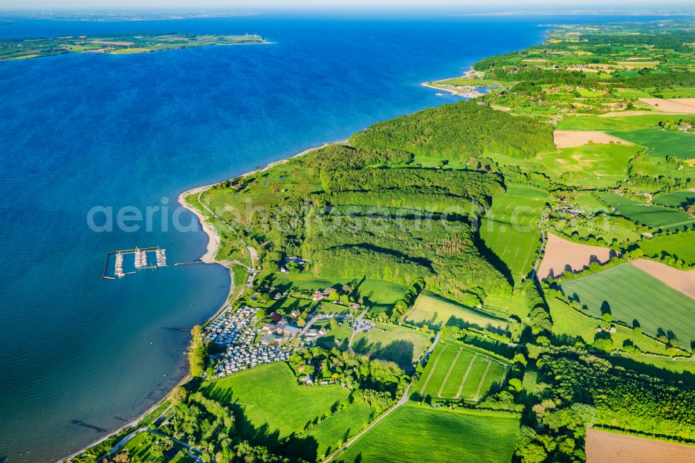 Aerial photograph Munkbrarup - Camping-place Bockholmwik Pleasure boat and sailing boat mooring and boat moorings in the harbor Yachthafen Bockholmwik in Munkbrarup in the state Schleswig-Holstein, Germany