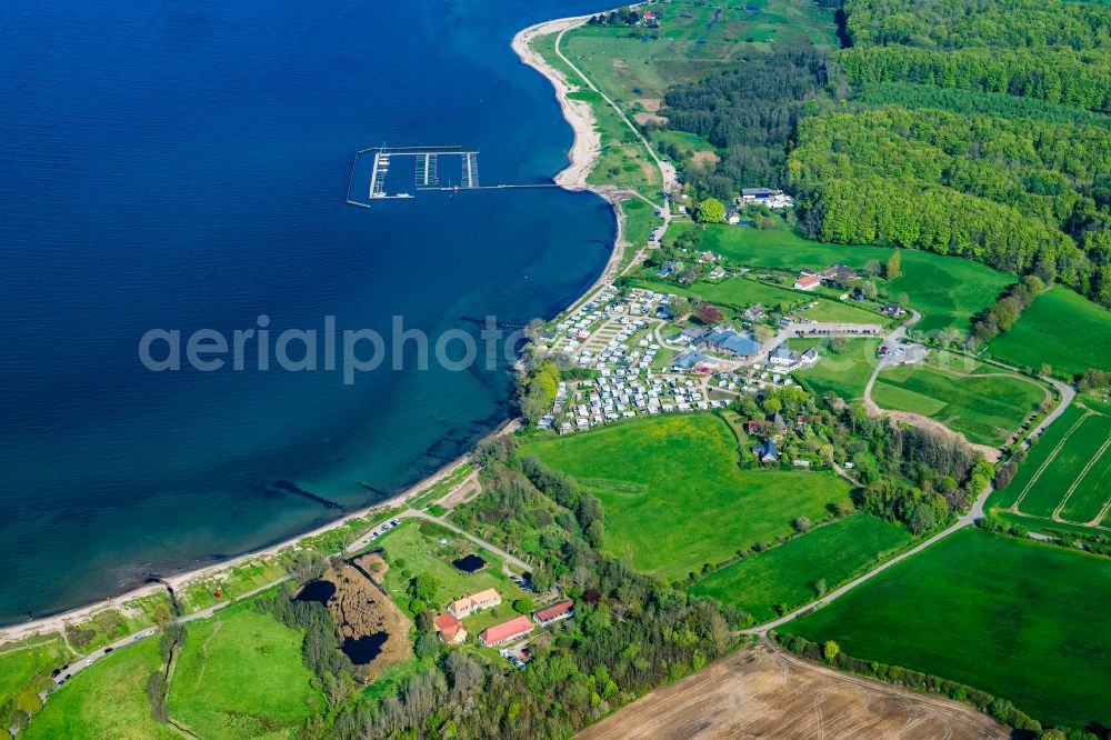 Aerial image Munkbrarup - Camping-place Bockholmwik Pleasure boat and sailing boat mooring and boat moorings in the harbor Yachthafen Bockholmwik in Munkbrarup in the state Schleswig-Holstein, Germany