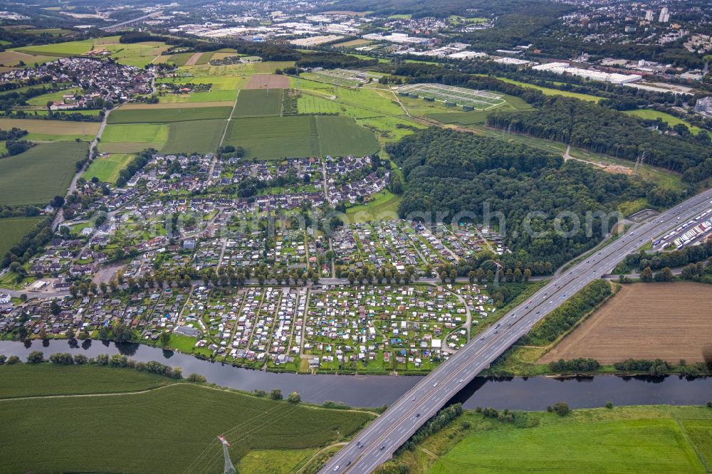 Westhofen from above - Campsite with caravans and tents CampingClub Garenfeld Ruhrbogen e.V in the river bank area of the Ruhr in Westhofen in the state North Rhine-Westphalia, Germany