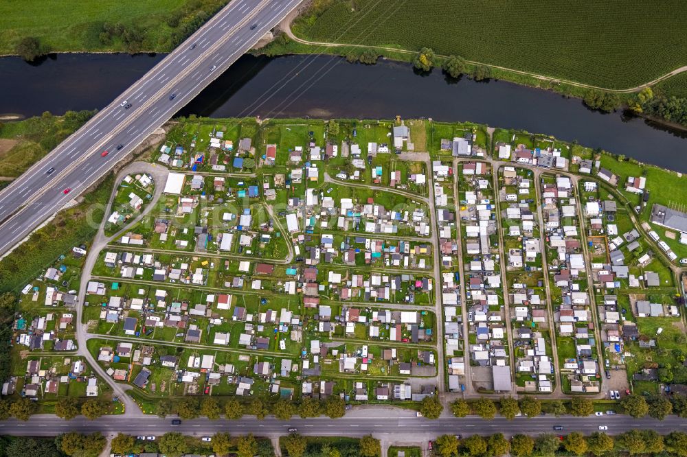 Westhofen from above - Campsite with caravans and tents CampingClub Garenfeld Ruhrbogen e.V in the river bank area of the Ruhr in Westhofen in the state North Rhine-Westphalia, Germany