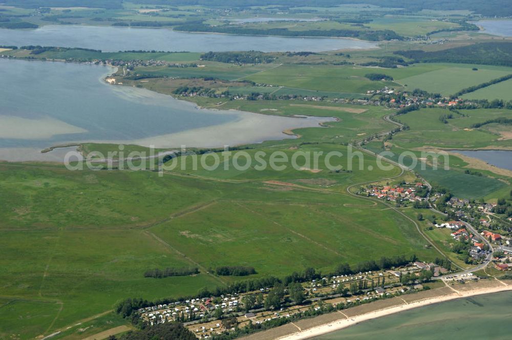 Lobbe from above - Blick über den Campinplatz Freizeit-Oase in Lobbe an der Ostsee auf Felder im Biosphärenreservat Südost Rügen und den Rügischen Bodden - Mecklenburg-Vorpommern MV. View over the campsite / campground Freizeit-Oase in Lobbe on the Baltic Sea onto fields of the biospheres reserve / preserve southeast Ruegen und the Rügischer Bodden - Mecklenburg-Western Pomerania.