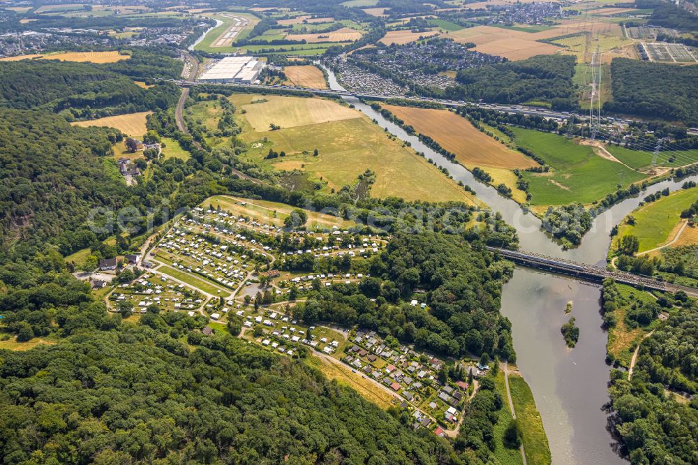 Aerial image Dortmund - Campsite with caravans and tents in the river - bank area of river Ruhr in the district Syburg in Dortmund at Ruhrgebiet in the state North Rhine-Westphalia, Germany