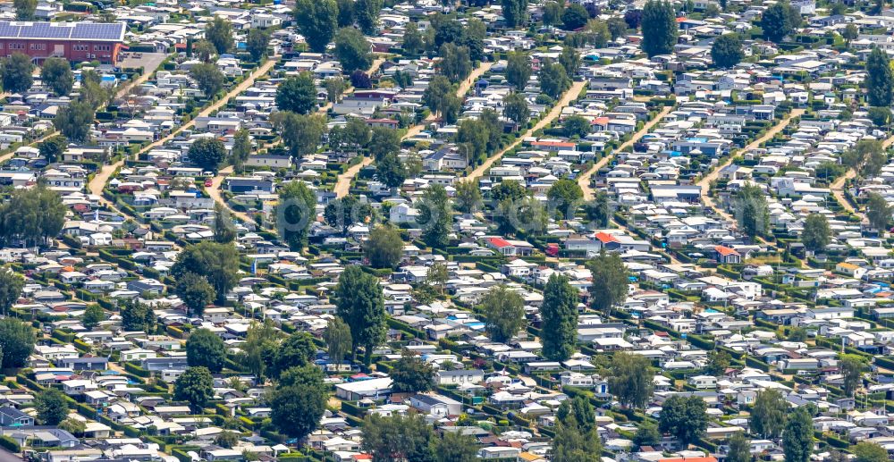 Wesel from above - Camping with caravans and tents on Rhone river in Wesel in the state North Rhine-Westphalia, Germany