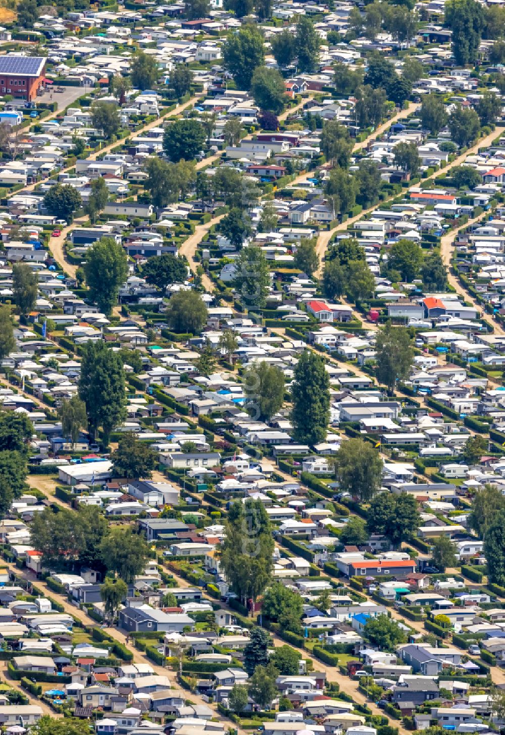 Aerial image Wesel - Camping with caravans and tents on Rhone river in Wesel in the state North Rhine-Westphalia, Germany