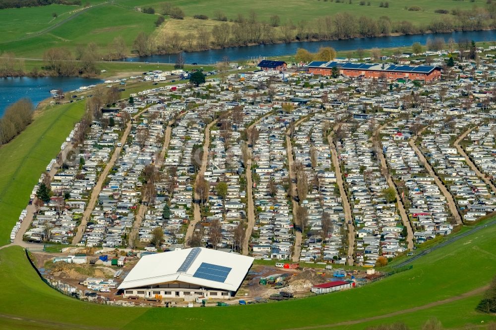 Wesel from above - Camping with caravans and tents on Rhone river in Wesel in the state North Rhine-Westphalia, Germany