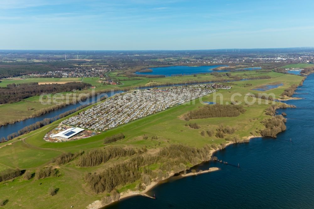 Wesel from above - Camping with caravans and tents on Rhone river in Wesel in the state North Rhine-Westphalia, Germany