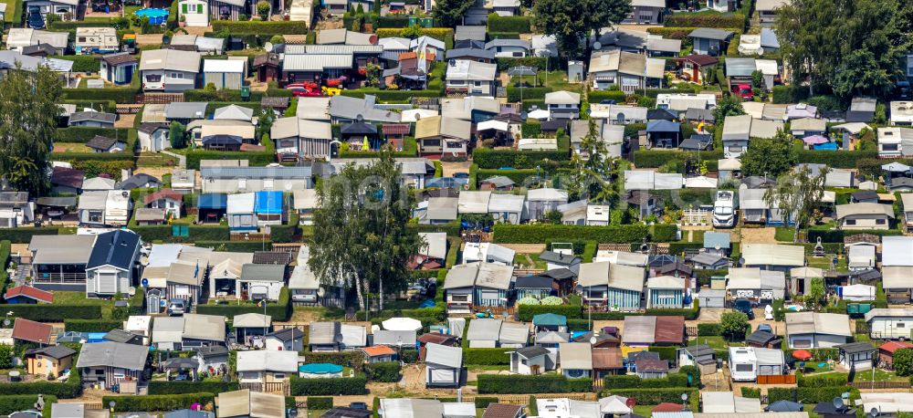 Wesel from above - Camping with caravans and tents on Rhone river in Wesel in the state North Rhine-Westphalia, Germany