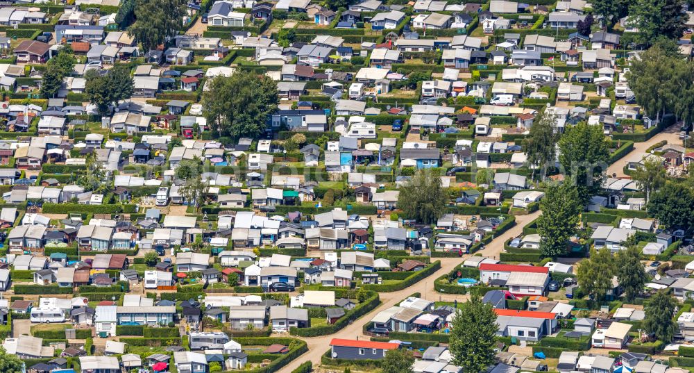 Aerial image Wesel - Camping with caravans and tents on Rhone river in Wesel in the state North Rhine-Westphalia, Germany