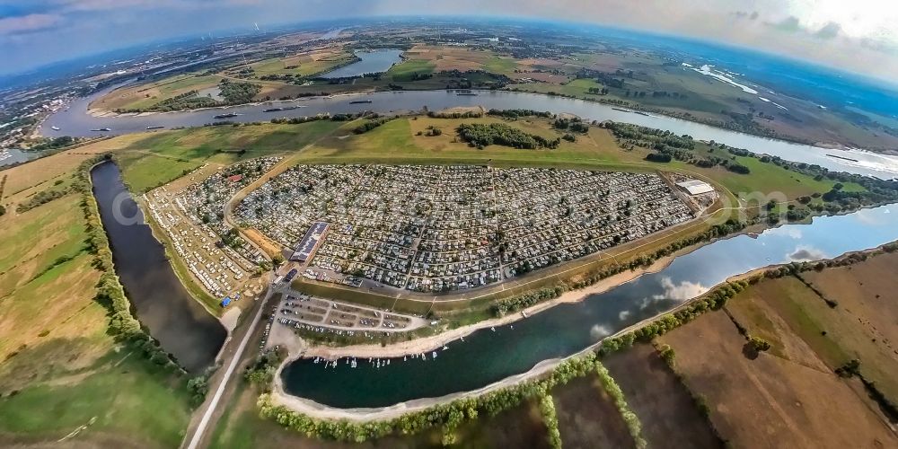 Wesel from above - Camping with caravans and tents on Rhone river in Wesel in the state North Rhine-Westphalia, Germany