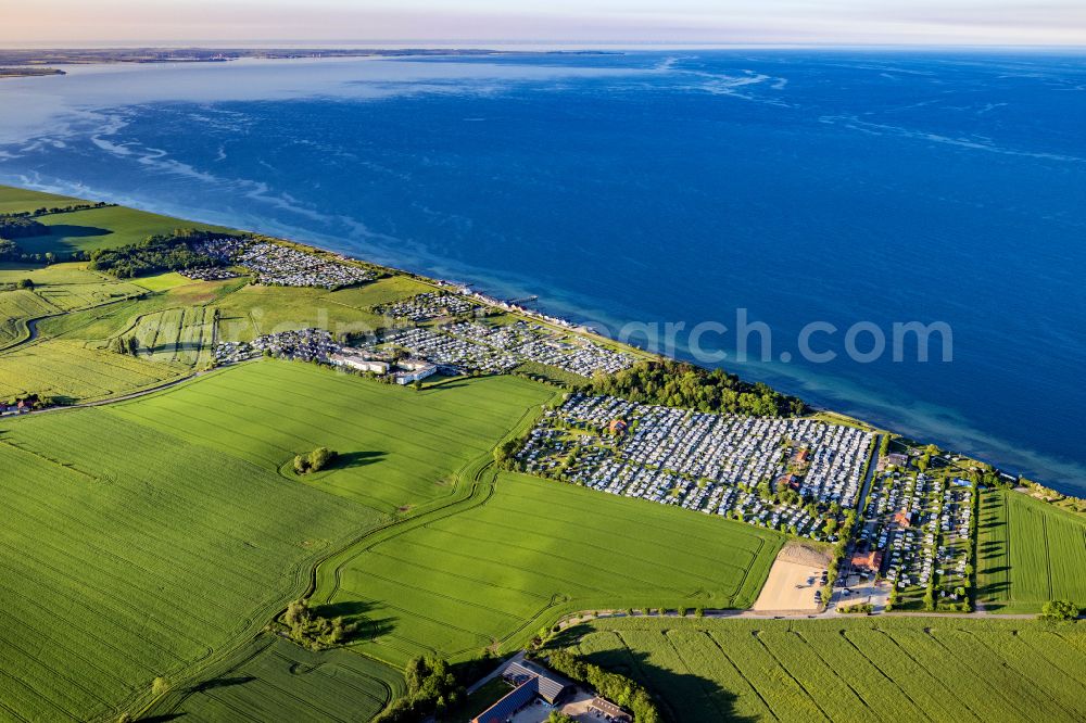 Aerial image Grube - Campsite with caravans and tents in the coastal area of Baltic Sea on street Rosenfelder Strand in Grube in the state Schleswig-Holstein, Germany