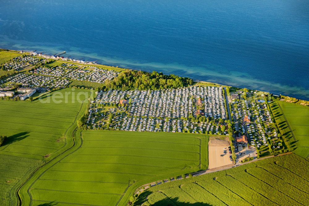 Aerial photograph Grube - Campsite with caravans and tents in the coastal area of Baltic Sea on street Rosenfelder Strand in Grube in the state Schleswig-Holstein, Germany