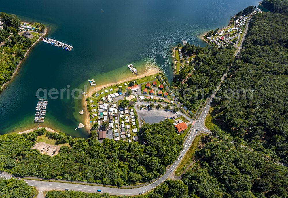 Sundern (Sauerland) from above - campsite Nordic Ferienpark with caravans and tents on the lake shore of Sorpesee in Sundern (Sauerland) at Sauerland in the state North Rhine-Westphalia, Germany